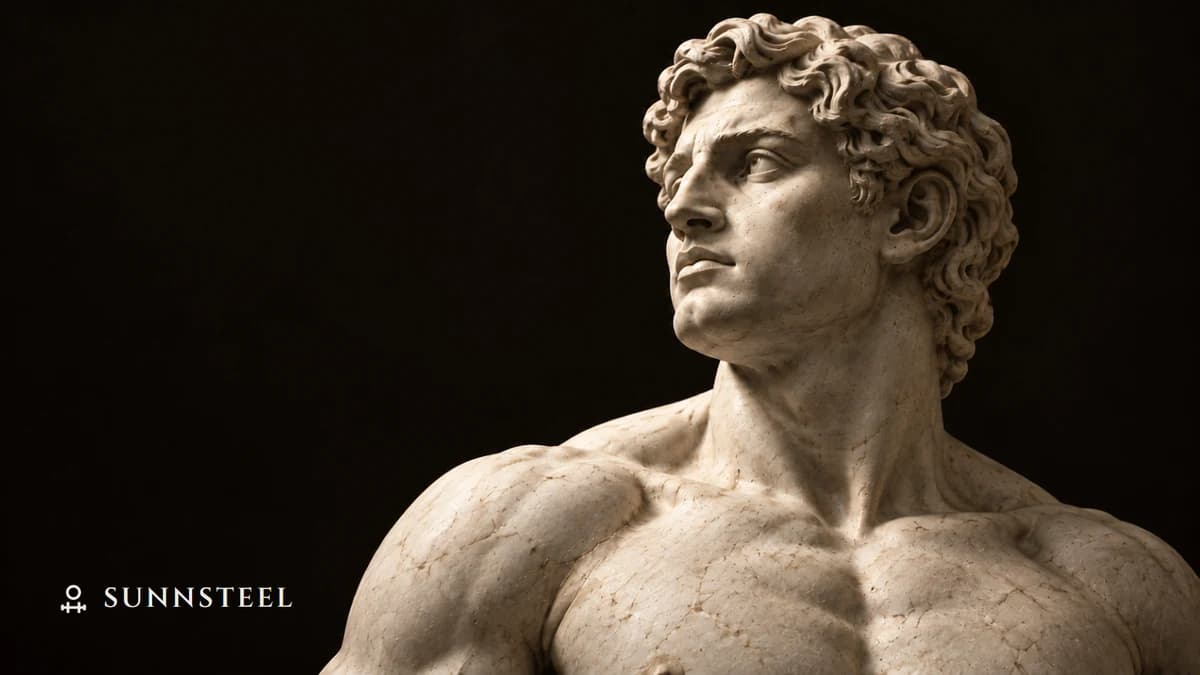 Classical marble athlete bust on a dark background, with the Sunnsteel sun-and-barbell logo and wordmark at the lower left.